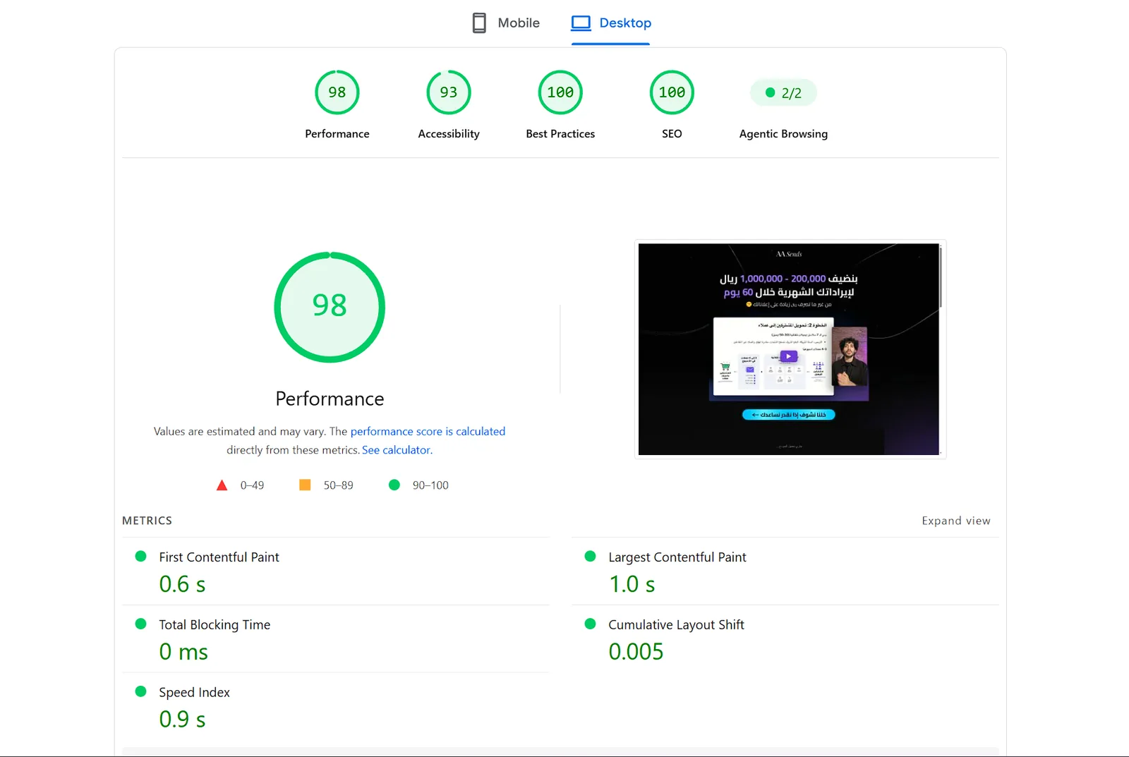 PageSpeed Insights desktop result for AA Sends after the fix: performance 98