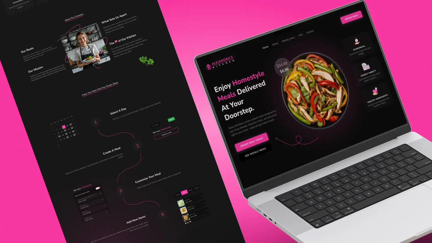 Alejandra's Kitchen website design on a laptop, with the how-it-works page