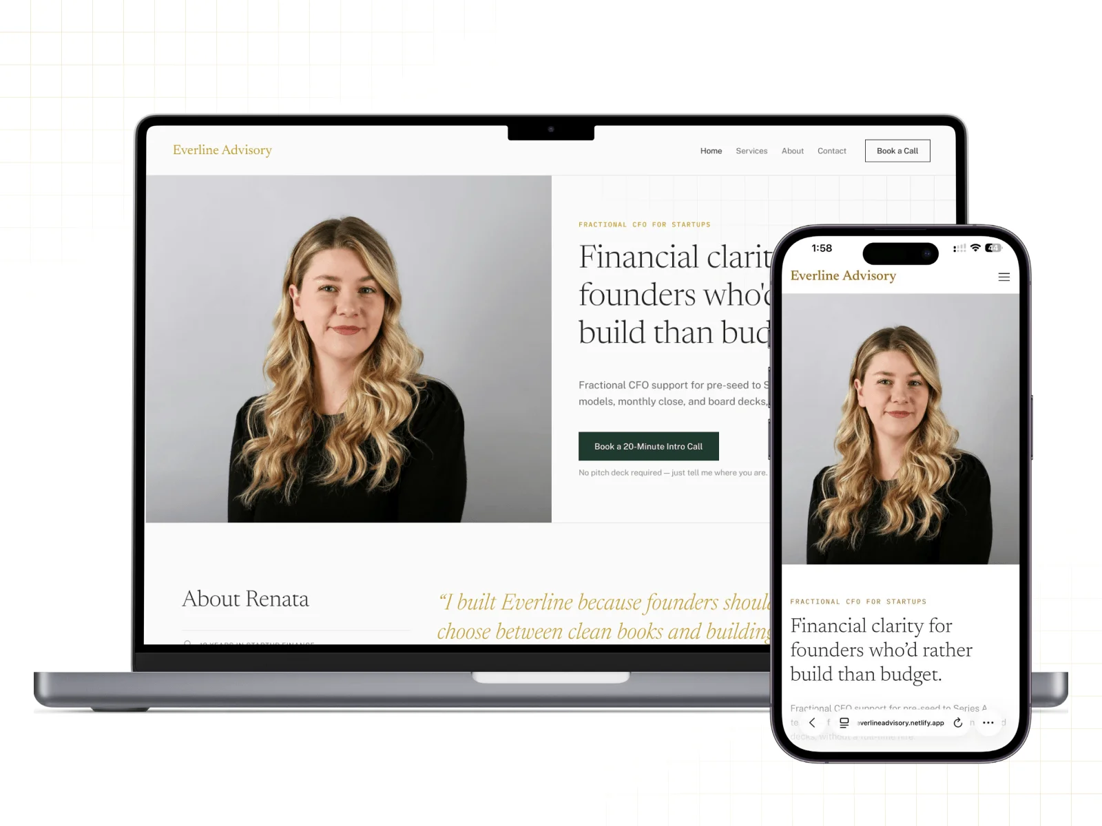 The Everline Advisory website on a laptop and a phone, showing the hero with a portrait of the founder and the headline 'Financial clarity for founders who'd rather build than budget.'