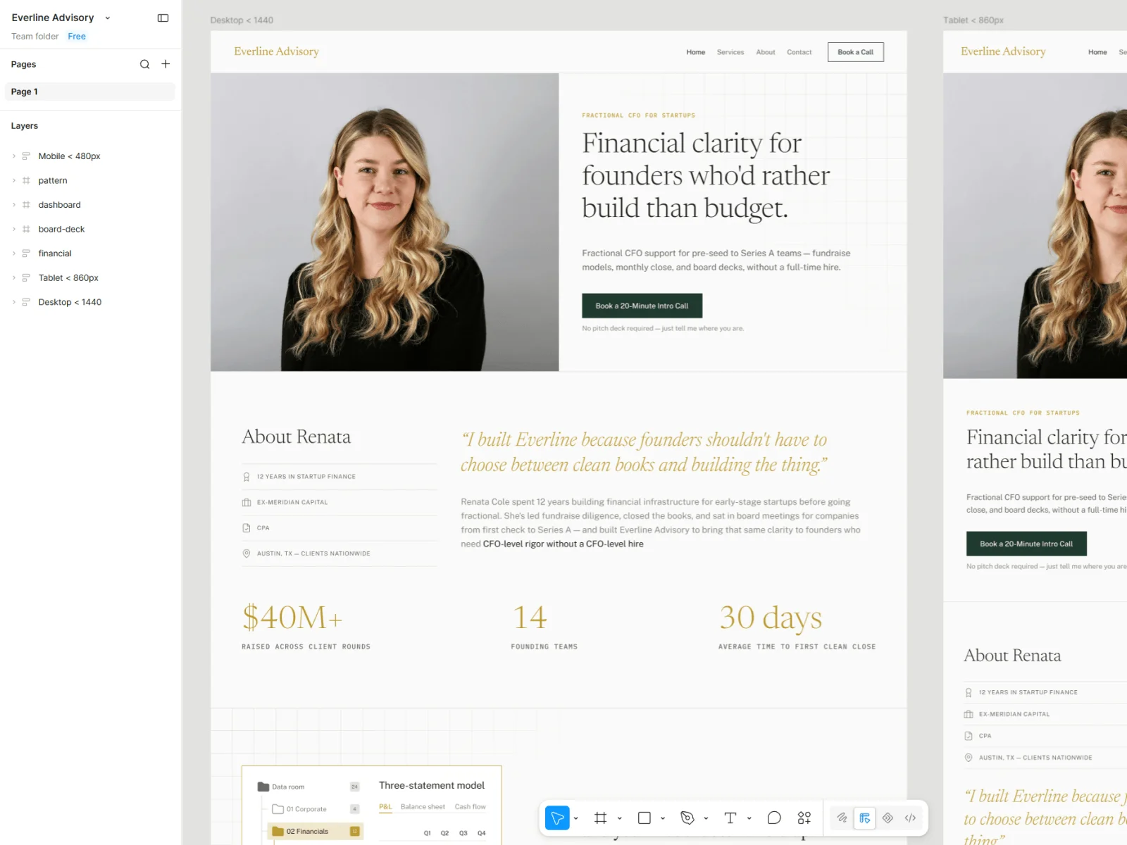 Figma file for Everline Advisory showing the desktop and tablet page designs.
