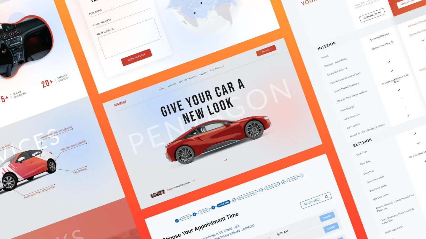 Pentagon Detailing website pages, including the step-by-step booking flow