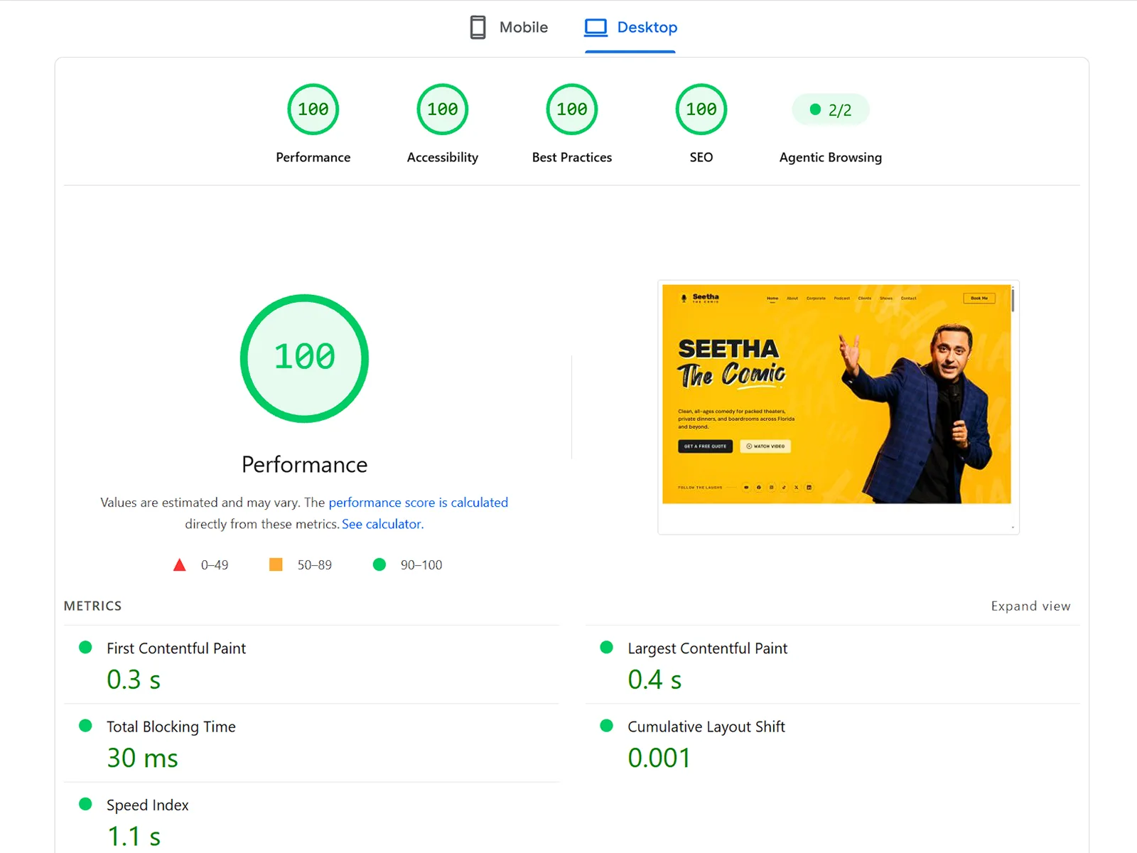 Lighthouse desktop report for the new Astro build: performance 100, accessibility 100, best practices 100, SEO 100, Largest Contentful Paint 0.4 s.
