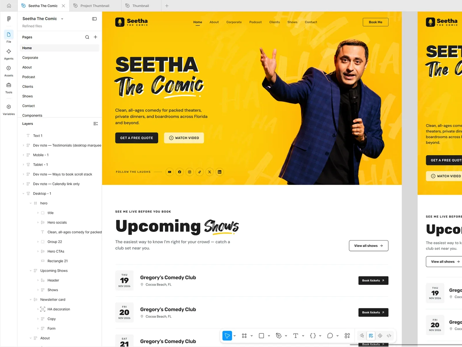 Figma file for Seetha The Comic showing the page list, layers and the desktop home design.