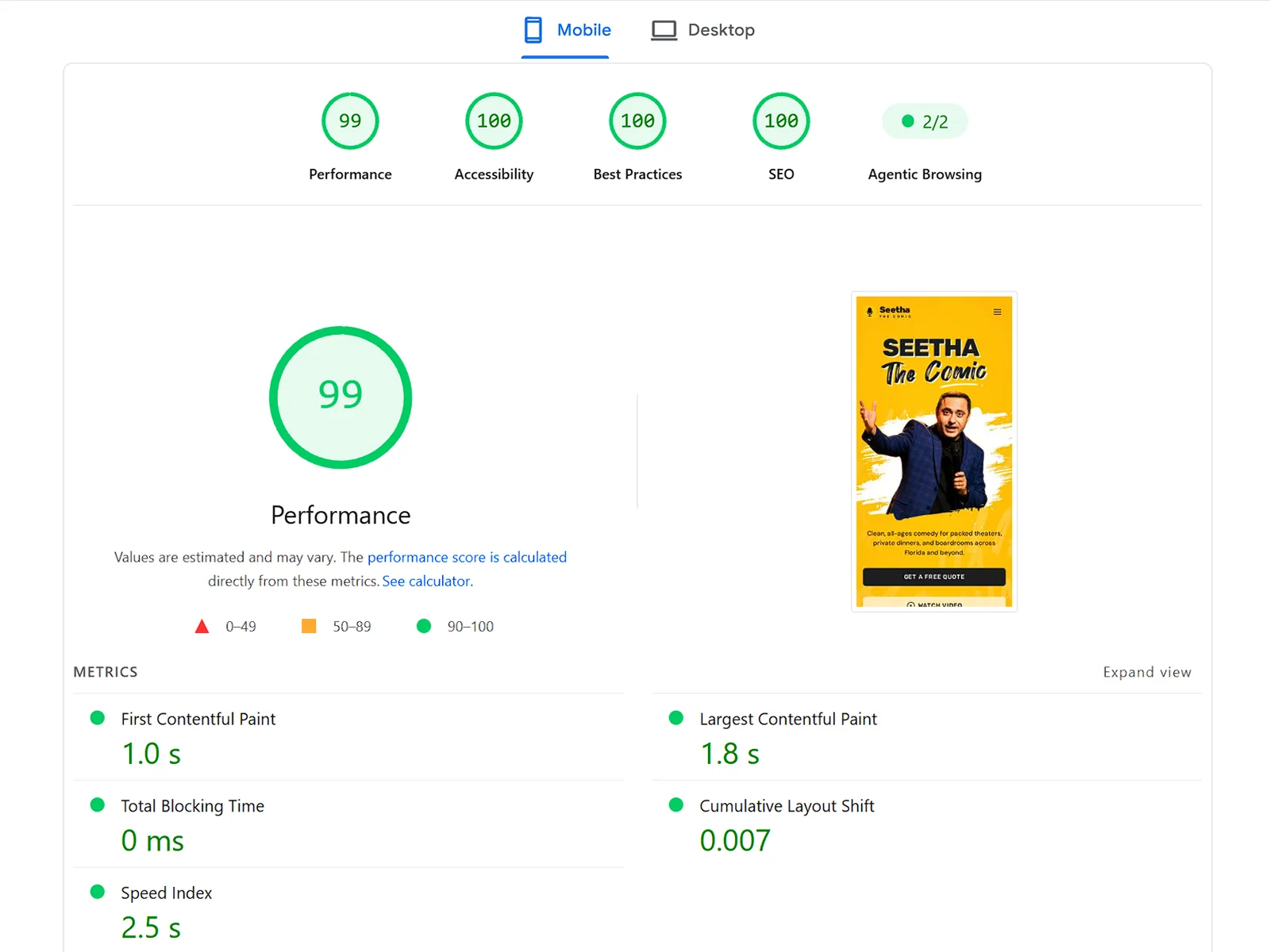 Lighthouse mobile report for the new Astro build: performance 99, accessibility 100, best practices 100, SEO 100, First Contentful Paint 1.0 s, Largest Contentful Paint 1.8 s, Total Blocking Time 0 ms.