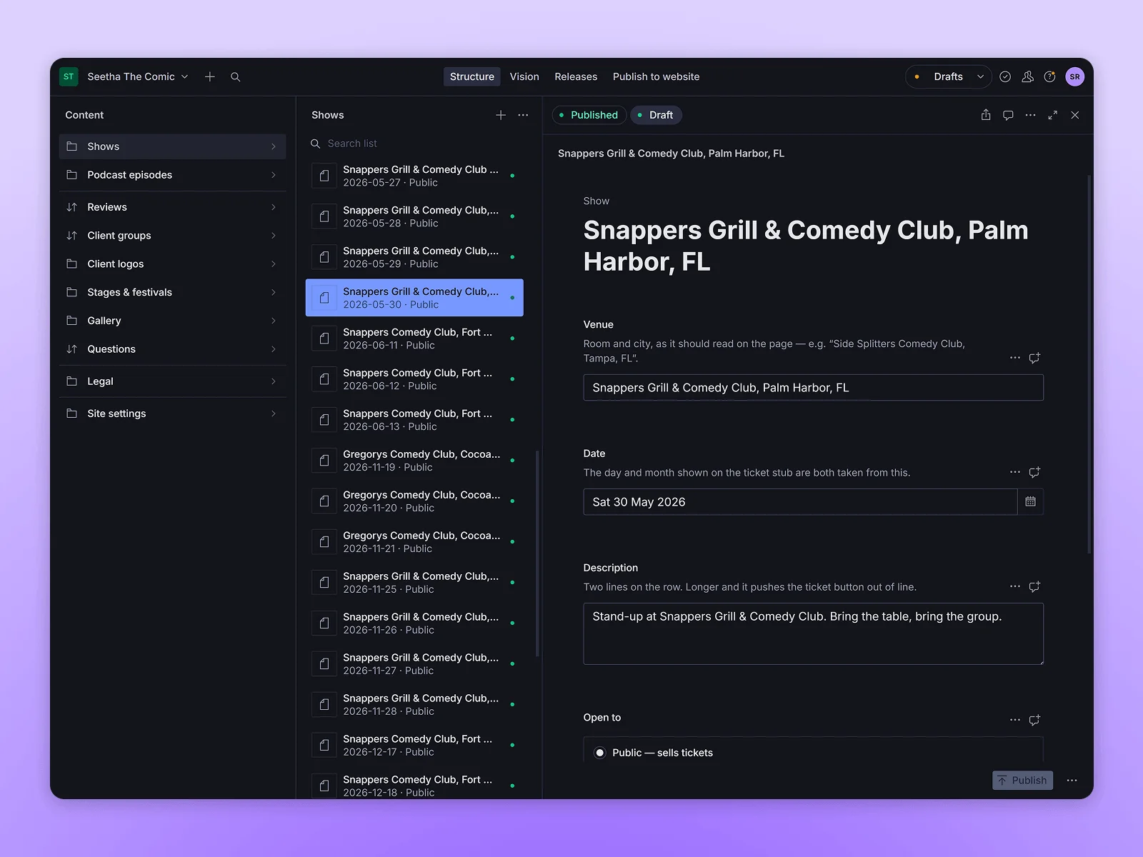 A show being edited in Sanity Studio. Each field, such as venue, date and description, has a short note underneath explaining what to enter and how it appears on the website.
