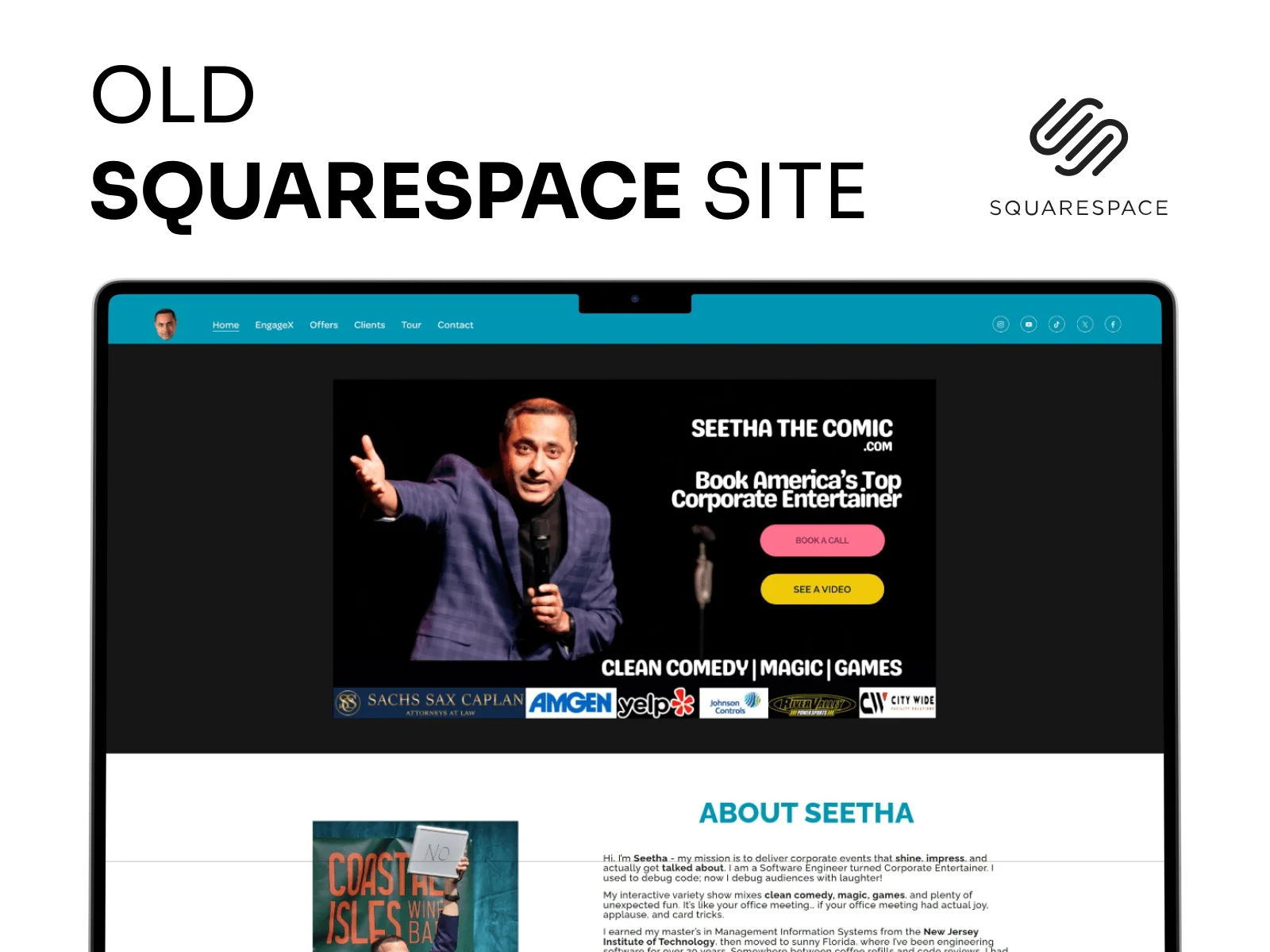 The old Seetha The Comic website on Squarespace, with a teal navigation bar, a hero photo of Seetha on stage, and 'Book a call' and 'See a video' buttons.