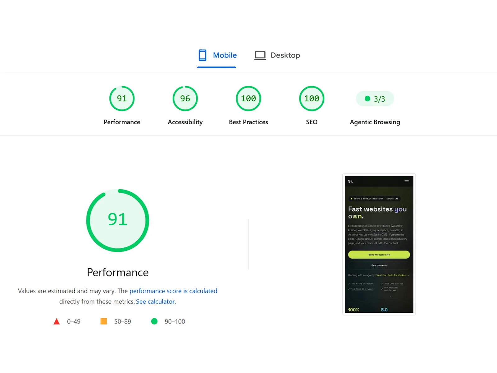 Mobile PageSpeed report for sohailrana.com: Performance 91, Accessibility 96, Best Practices 100, SEO 100, Agentic Browsing 3 of 3