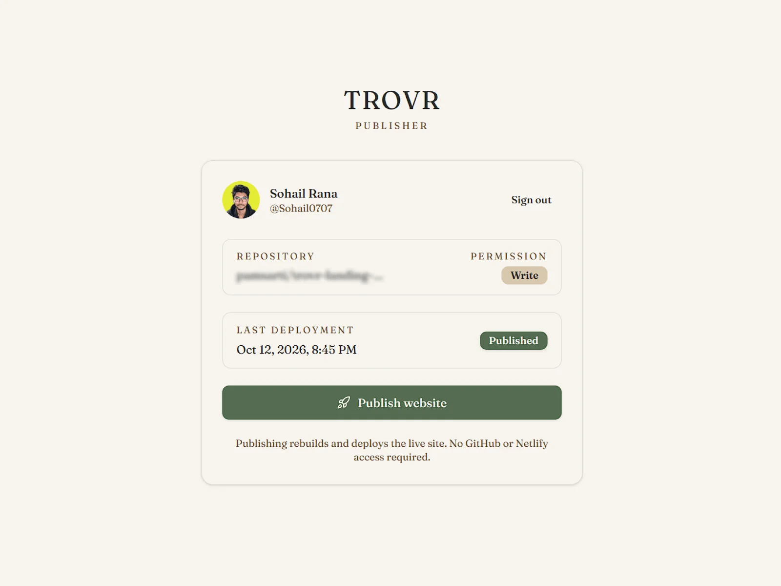 Trovr Publisher dashboard after GitHub sign-in, showing the connected repository with write permission, the last deployment status and a 'Publish website' button.