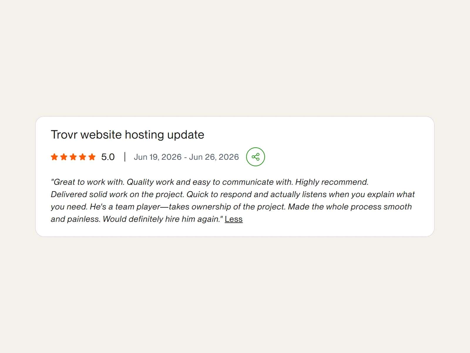 Five-star Upwork review for the Trovr website hosting update, June 2026. The client calls the work high quality, says Sohail is quick to respond and listens, and says she would hire him again.
