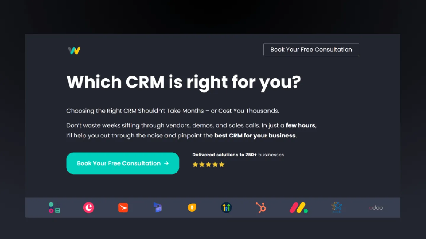 WhichCRM landing page with the scrolling strip of CRM logos